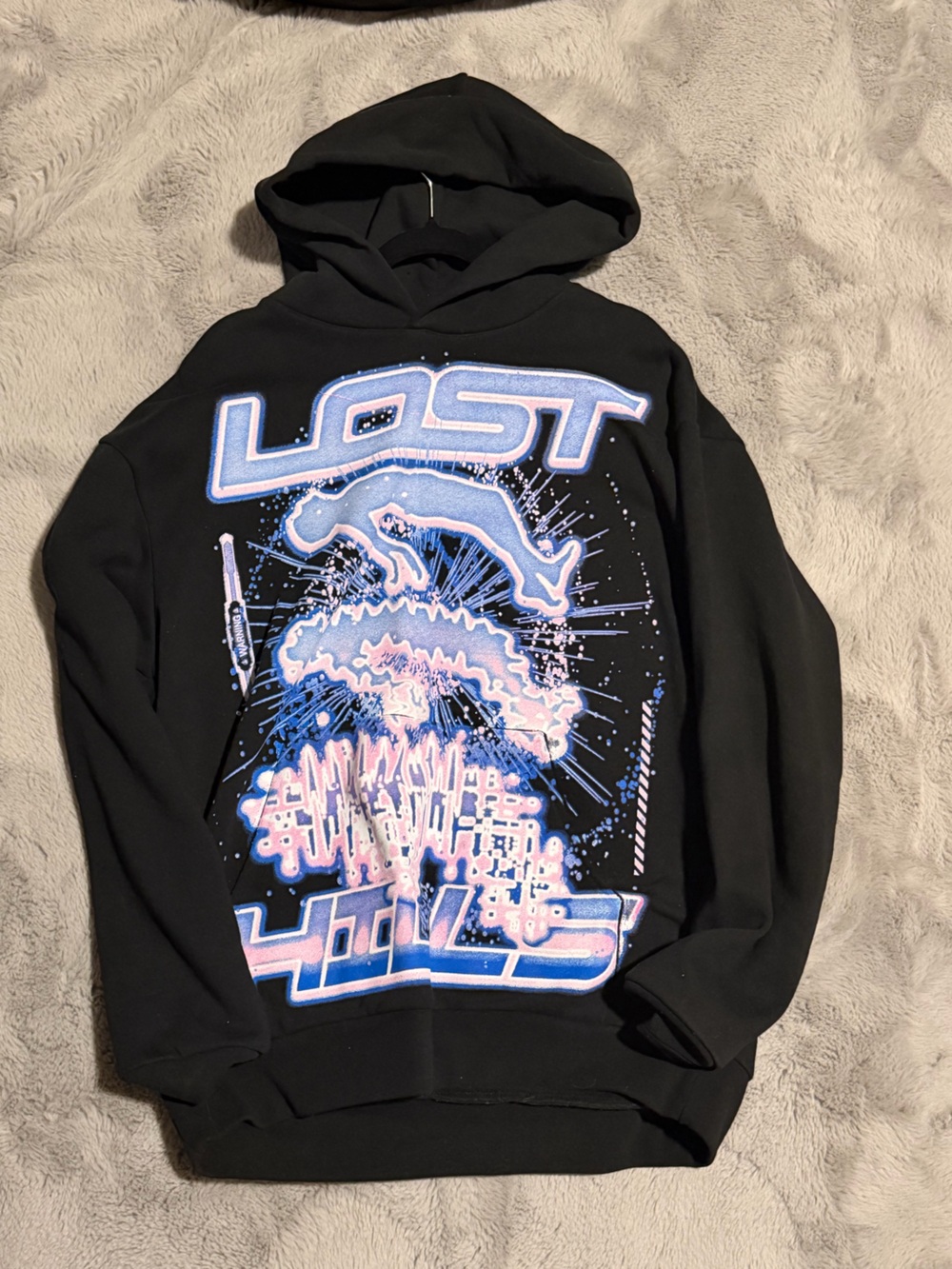 Men's Black Crewneck Hoodie with Blue and Pink Graphic